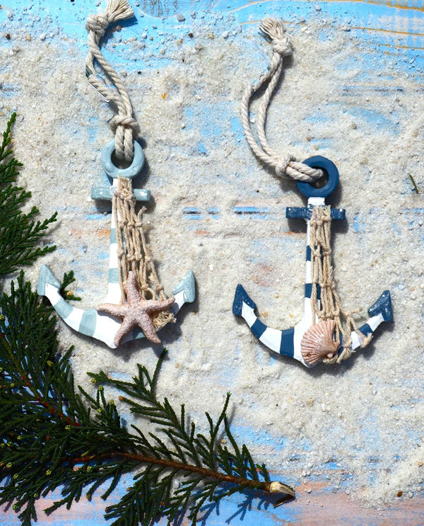 Set of blue and white striped wood anchor Christmas ornaments
