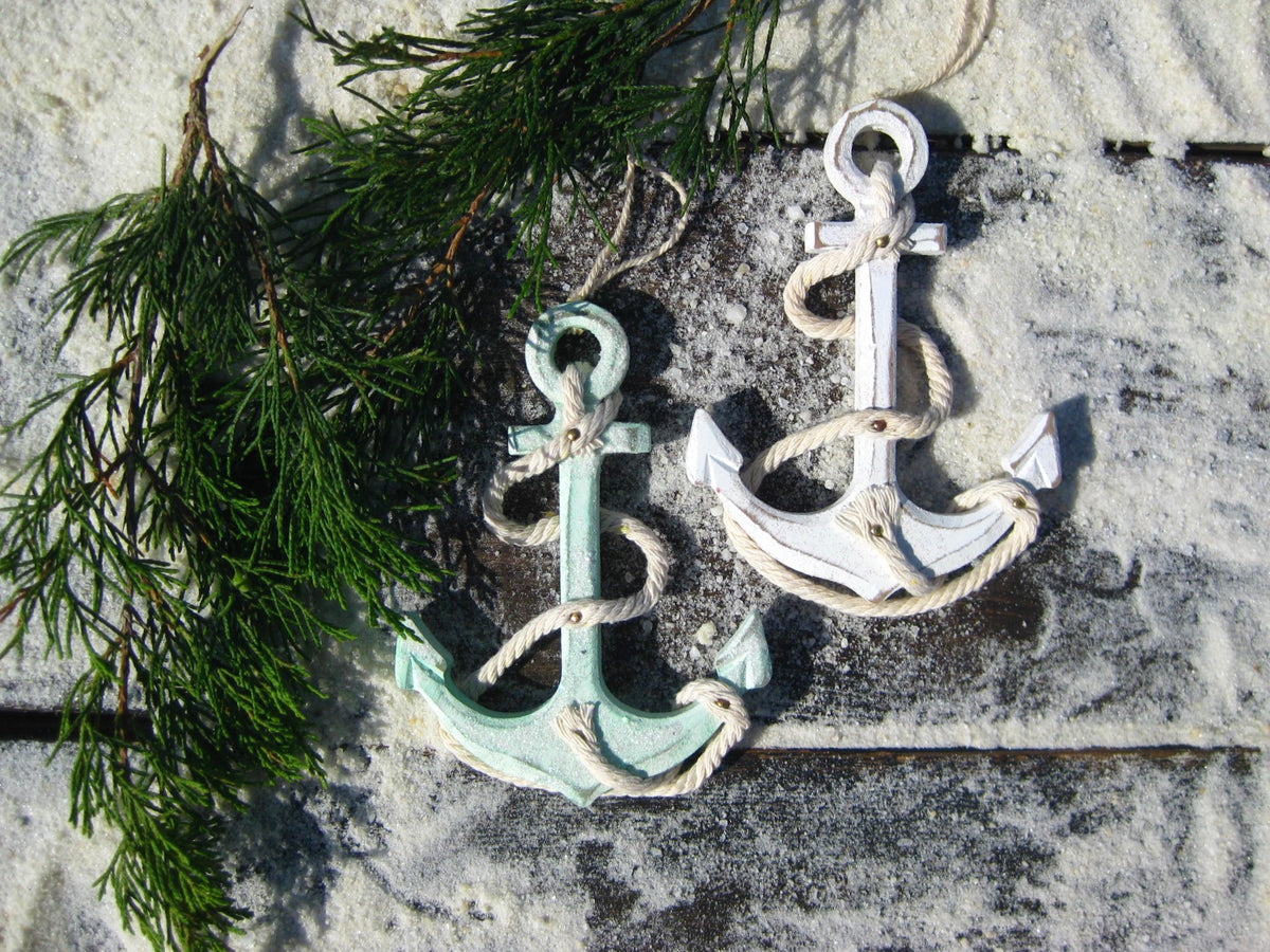 Coastal Colored Sea Green and White Anchor Ornaments with rope- Set of 2 - Chesapeake Bay Goods