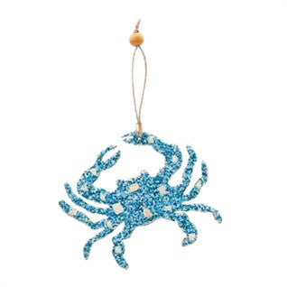 Blue and white beaded and sparkly crab flat Christmas Ornament with string.