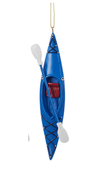 Blue Kayak with oar Christmas Ornament hanging from a string