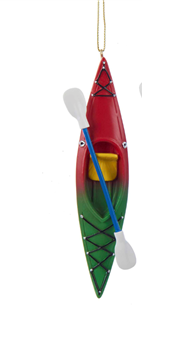 Green Kayak with oar Christmas Ornament hanging from a string