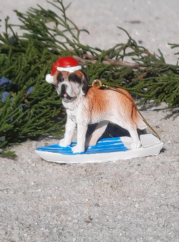 Dog Surfing with Santa Hat Christmas Ornament