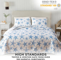 A lightweight quilt set featuring a coastal starfish design in blue on a white background, with two matching pillow shams.  Known as the Trinidad C3 piece Collection.