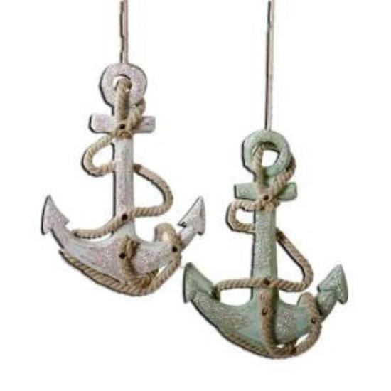 Coastal Colored Sea Green and White Anchor Ornaments with rope- Set of 2 - Chesapeake Bay Goods
