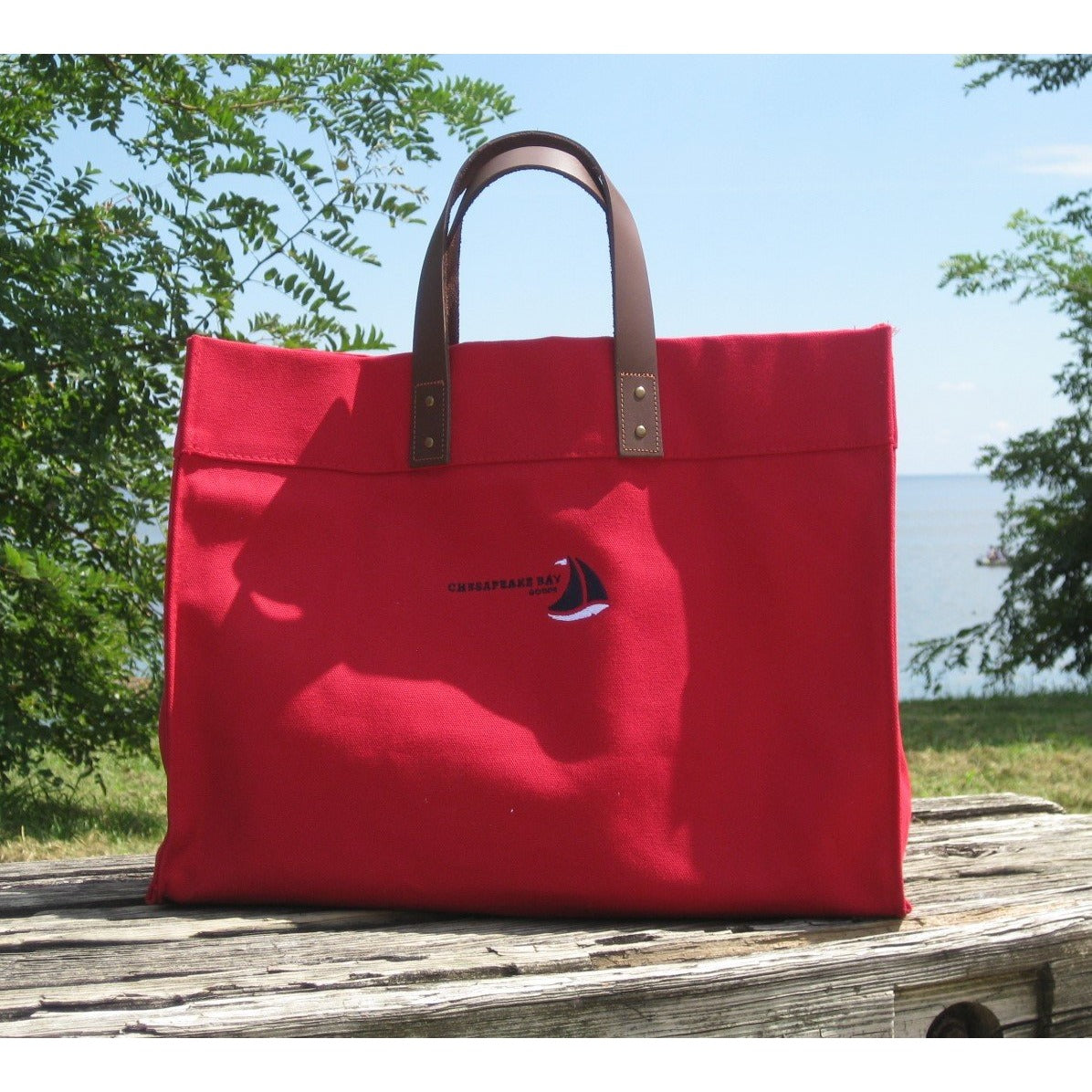 Red Structured Canvas Tote with Leather Handles - Chesapeake Bay Goods