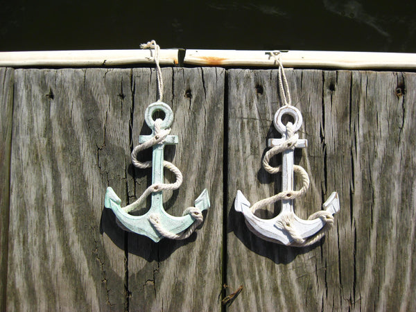 Coastal Colored Sea Green and White Anchor Ornaments with rope- Set of 2 - Chesapeake Bay Goods