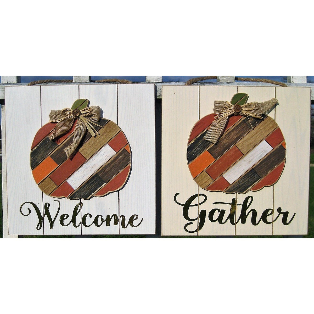 Wood Wall Art  with Pumpkin - Gather/Welcome - Chesapeake Bay Goods