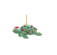 Whimsical Green Sea Turtle Nautical Christmas Ornament wearing Santa hat and Christmas Lights