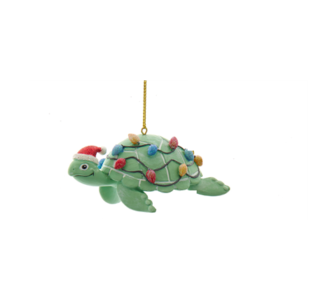 Whimsical Green Sea Turtle Nautical Christmas Ornament wearing Santa hat and Christmas Lights