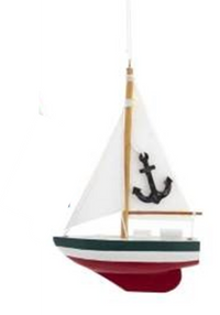 Wood Sailboats Christmas Ornaments with Red hull and Anchor Sail