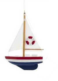 Wood Sailboats Christmas Ornaments with blue hull and Life Preserver Sail