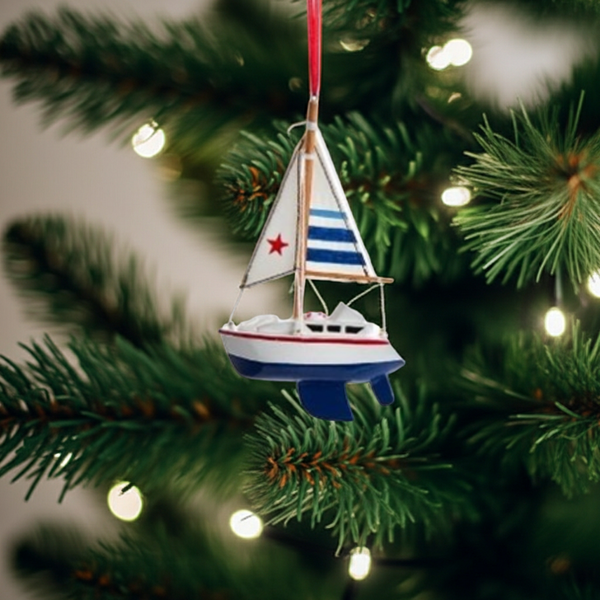 Wooden Blue Sailboat Ornaments with Blue Striped Sails
