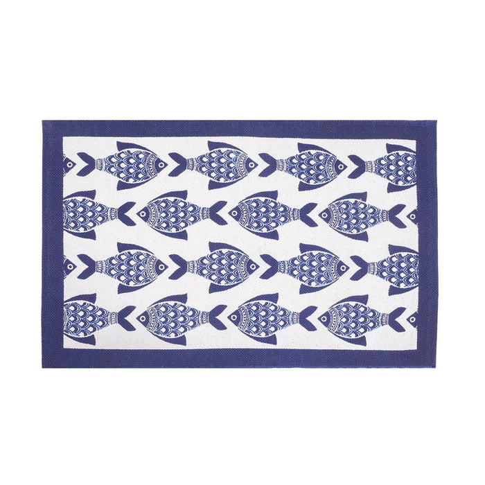 Traditional, handwoven, flat-weave coastal rugs with blue fish pattern on a white background