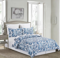 Quilt with blue shells branded coastal inspired quilt set.  Beach seashells quilt shows vibrant blues of the sea.