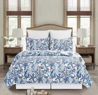 Quilt with blue shells branded coastal inspired quilt set.  Beach seashells quilt shows vibrant blues of the sea.