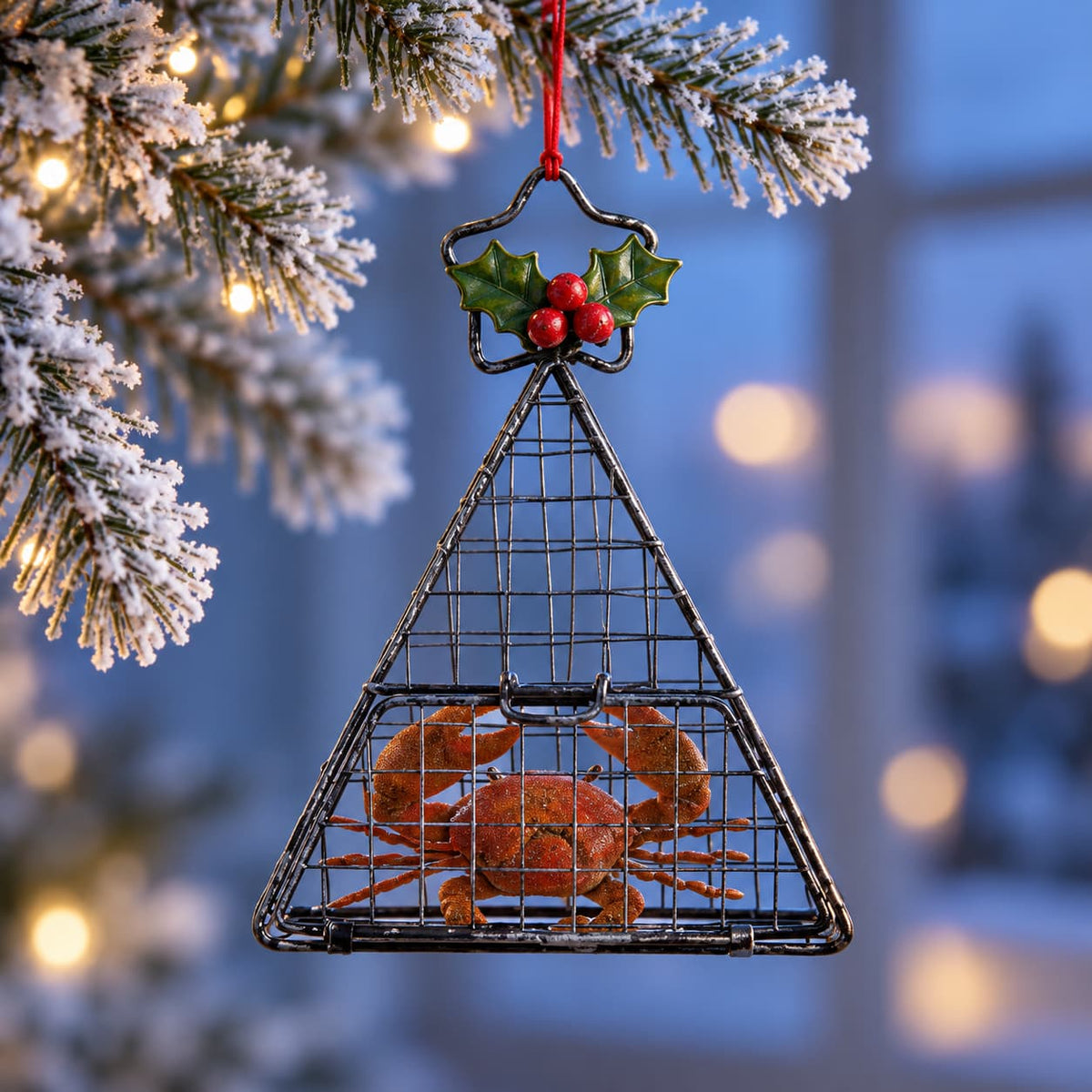 Crab caught in a wire cage Christmas ornament with holly hanging from a Christmas tree.