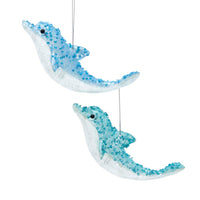 Blue and Teal Glitter Dolphin Ornaments set.  Made of plastic and pvc and hangs from silver string