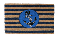 A coir door mat with blue stripes and a central anchor design, placed on a doorstep.