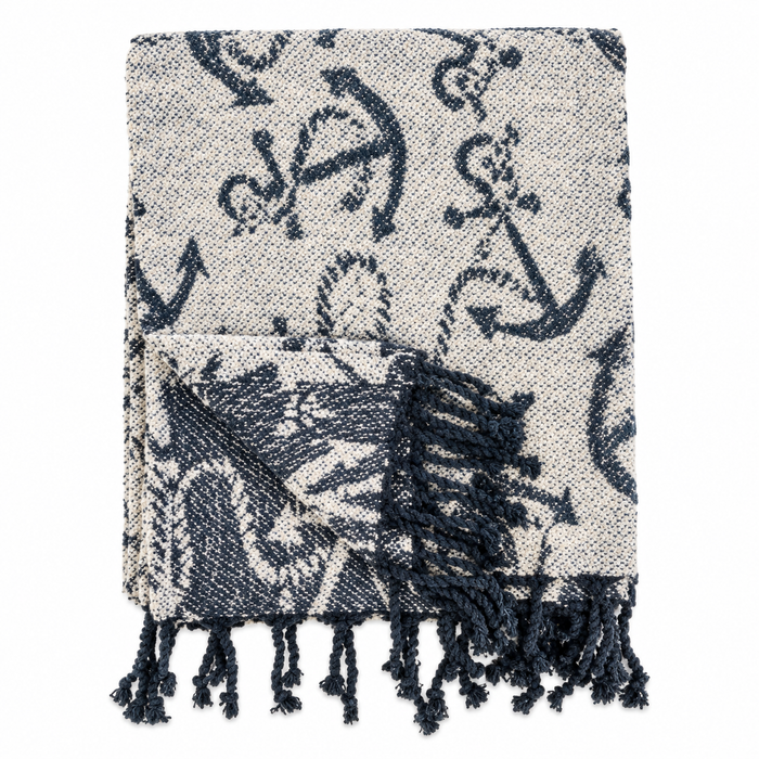 Blue Chenille Anchor Cotton Throw