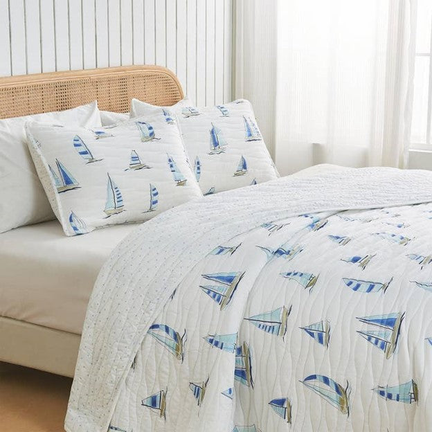 Coastal Blue Watercolor Sailboat Lightweight Quilt Set Marzano Collection by Great Bay Home