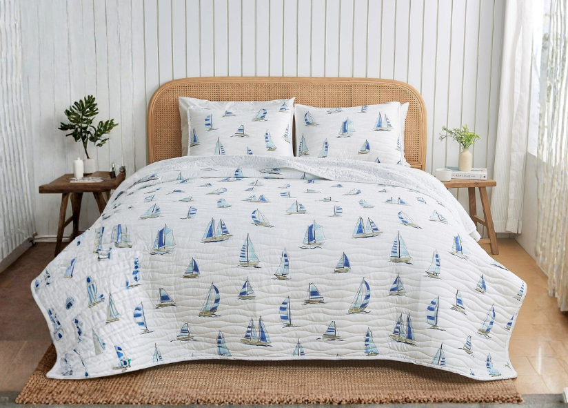 Coastal Blue Watercolor Sailboat Lightweight Quilt Set Marzano Collection by Great Bay Home