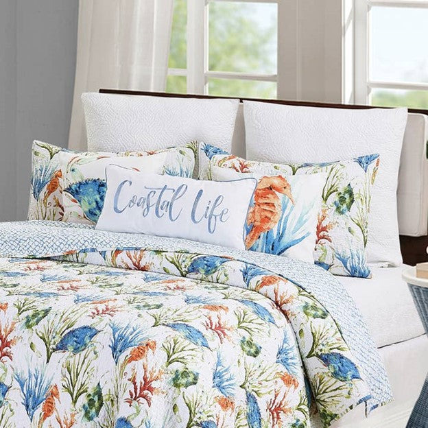 Coastal Life Embroidered White Rectangular Throw Pillow