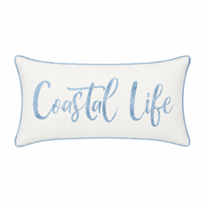 Coastal Life Embroidered White Rectangular Throw Pillow