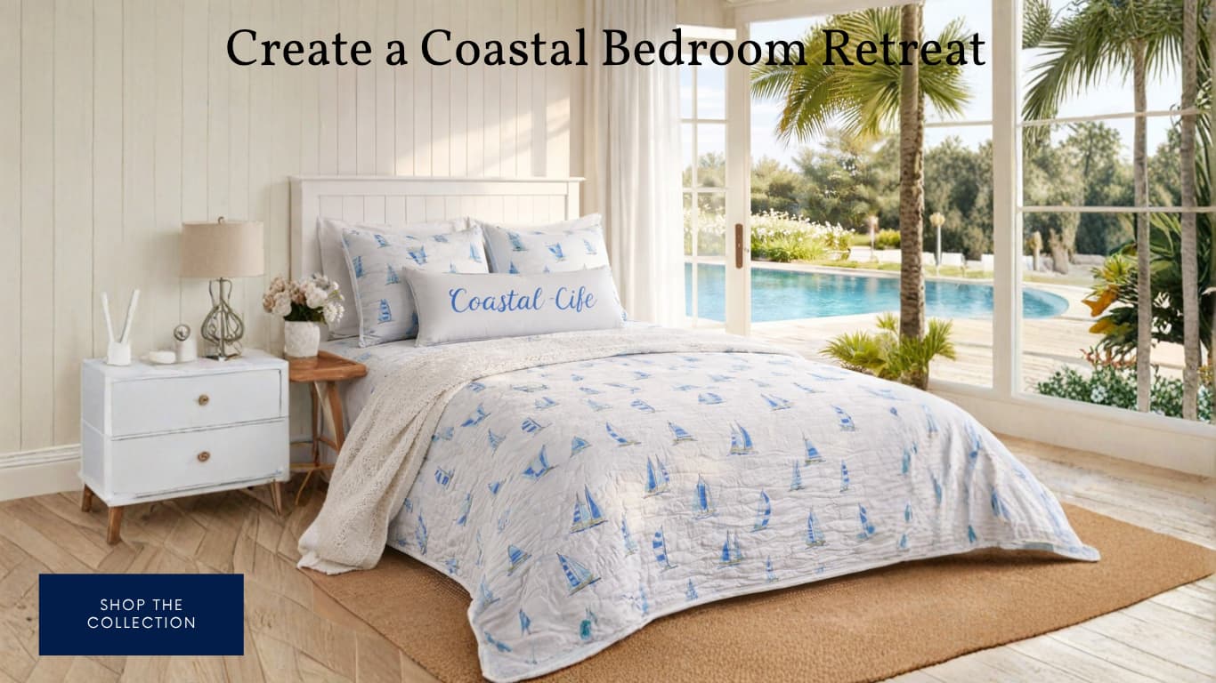 Coastal bedroom with Coastal Sailboats Quilt Set bedding, palm trees, and pool view.