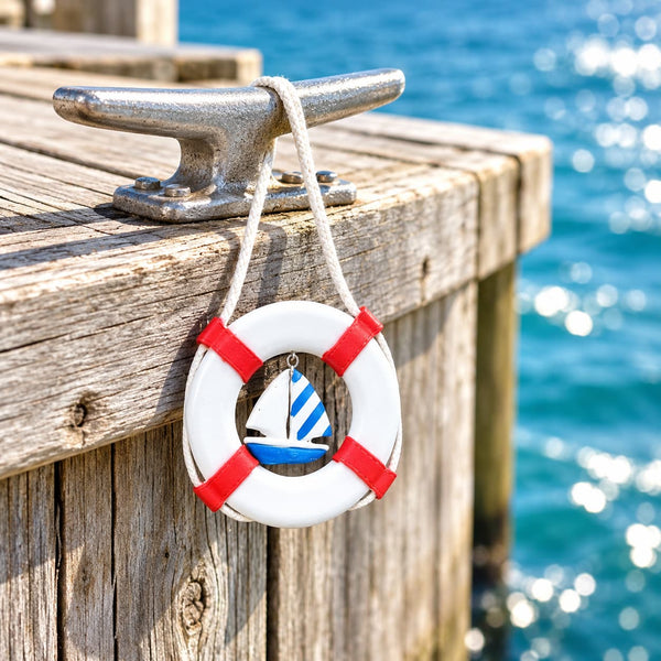 Life preserver Christmas ornament with a sailboat design hanging from a cleat off a dock