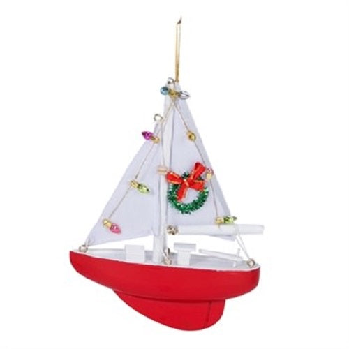 Nautical Red Sailboat Christmas Ornament with Decorations