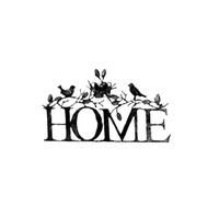 Black metal wall decor sign spelling 'HOME' with birds and leaves, centered on a plain white background.