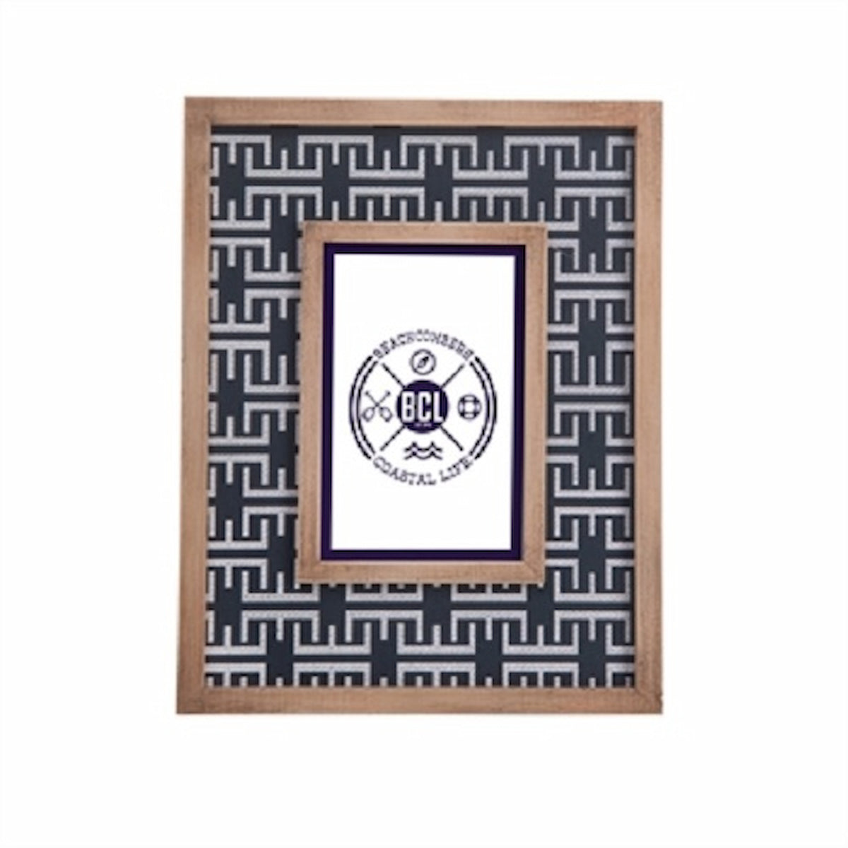 Decorative wood heavy picture frame with Navy nautical geometric pattern on a white background