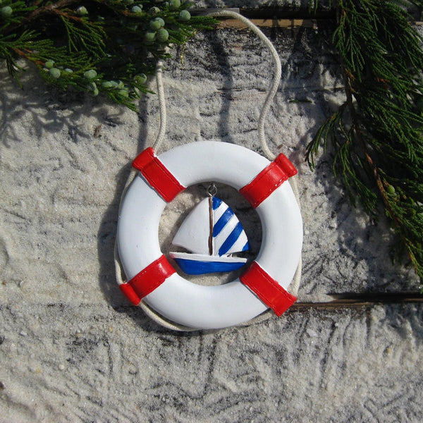 Life Preserver with Sailboat Nautical Christmas Ornament