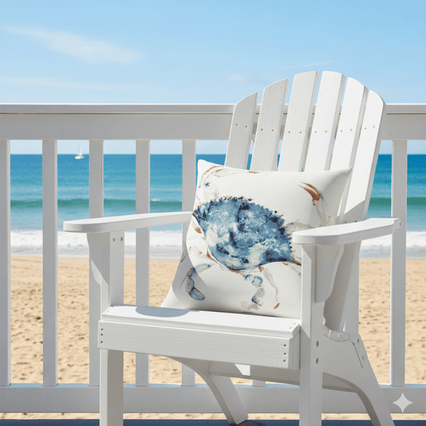 Marino blue crab indoor outdoor pillow on a white Adirondack chair, set against a beach backdrop.
