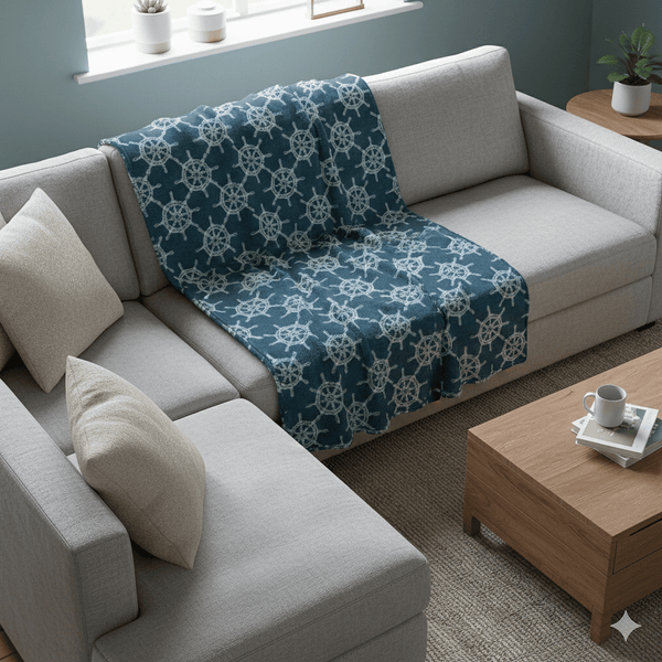 Blue quilted throw blanket with white ship wheels in a living room setting.