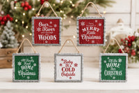Hanging Wood Ornament with Tin Decorative Backing and Holiday Message