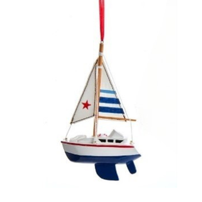 Wooden Blue Sailboat Ornaments with Blue Striped Sails