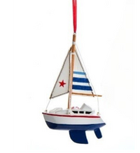 Wooden Blue Sailboat Ornaments with Blue Striped Sails