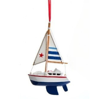 Wooden Blue Sailboat Ornaments with Blue Striped Sails