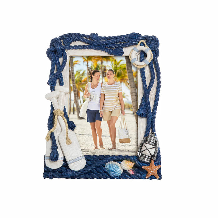 Nautical Oar and Rope Photo wood Frame with Life Preserver, shells and starfish in navy and white. Chesapeake Bay Goods