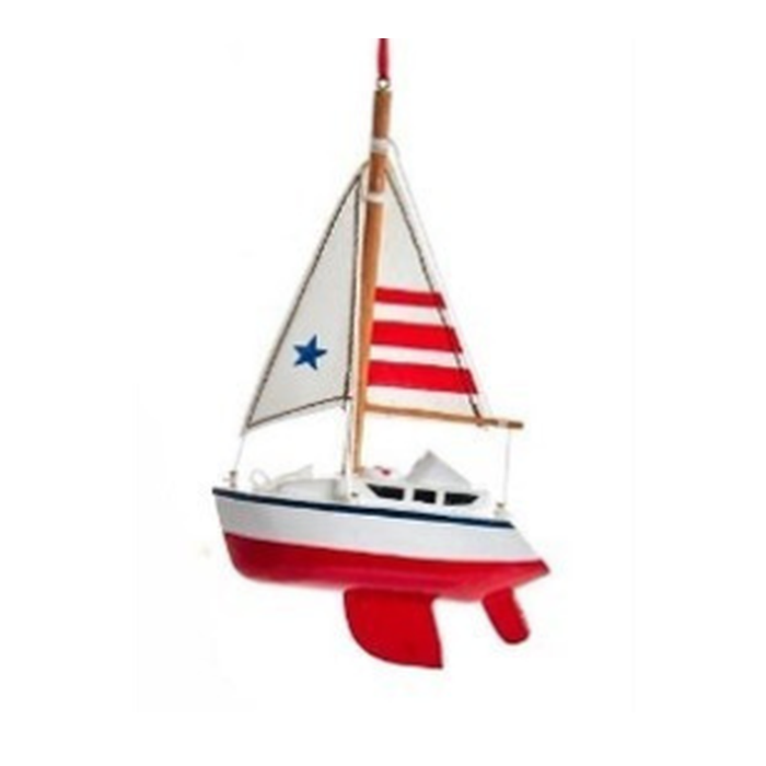 Wooden Red Sailboat Ornament with Red Striped Sails