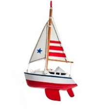 Wooden Red Sailboat Ornament with Red Striped Sails