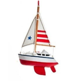 Wooden Red Sailboat Ornament with Red Striped Sails