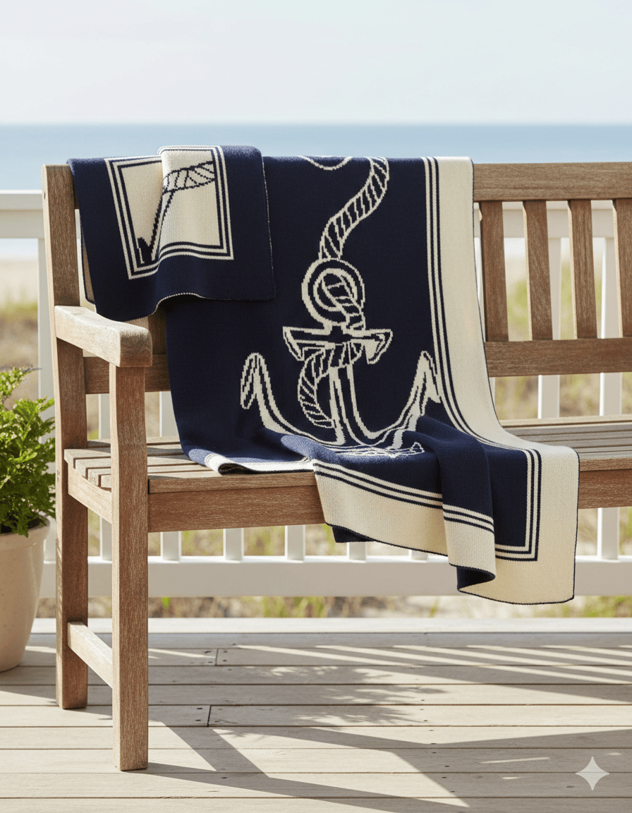 Navy and white rope and anchor reversable cotton throw draped over bench by the sea 