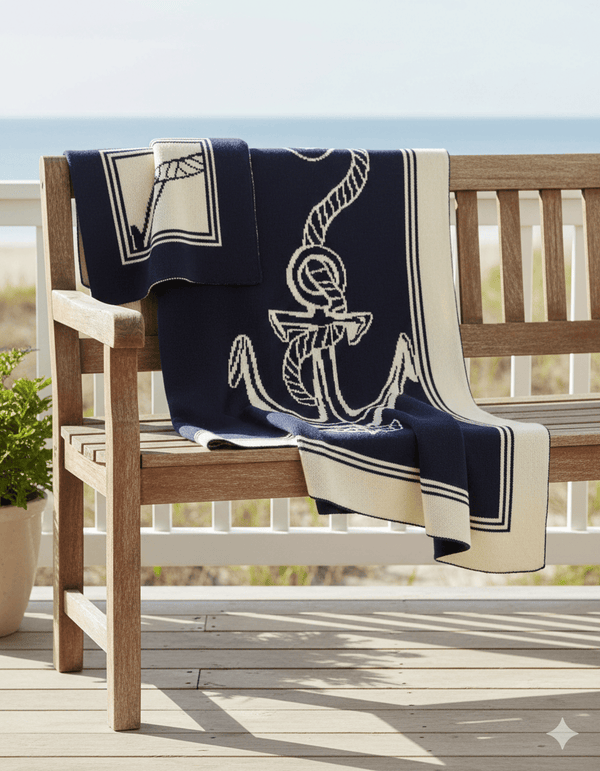 Navy and white rope and anchor reversable cotton throw draped over bench by the sea 