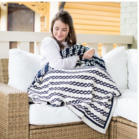 Navy and white nautical rope patterned reversible plush cozy cotton throw blanket