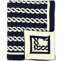 Navy and white nautical rope patterned reversible plush cotton throw blanket