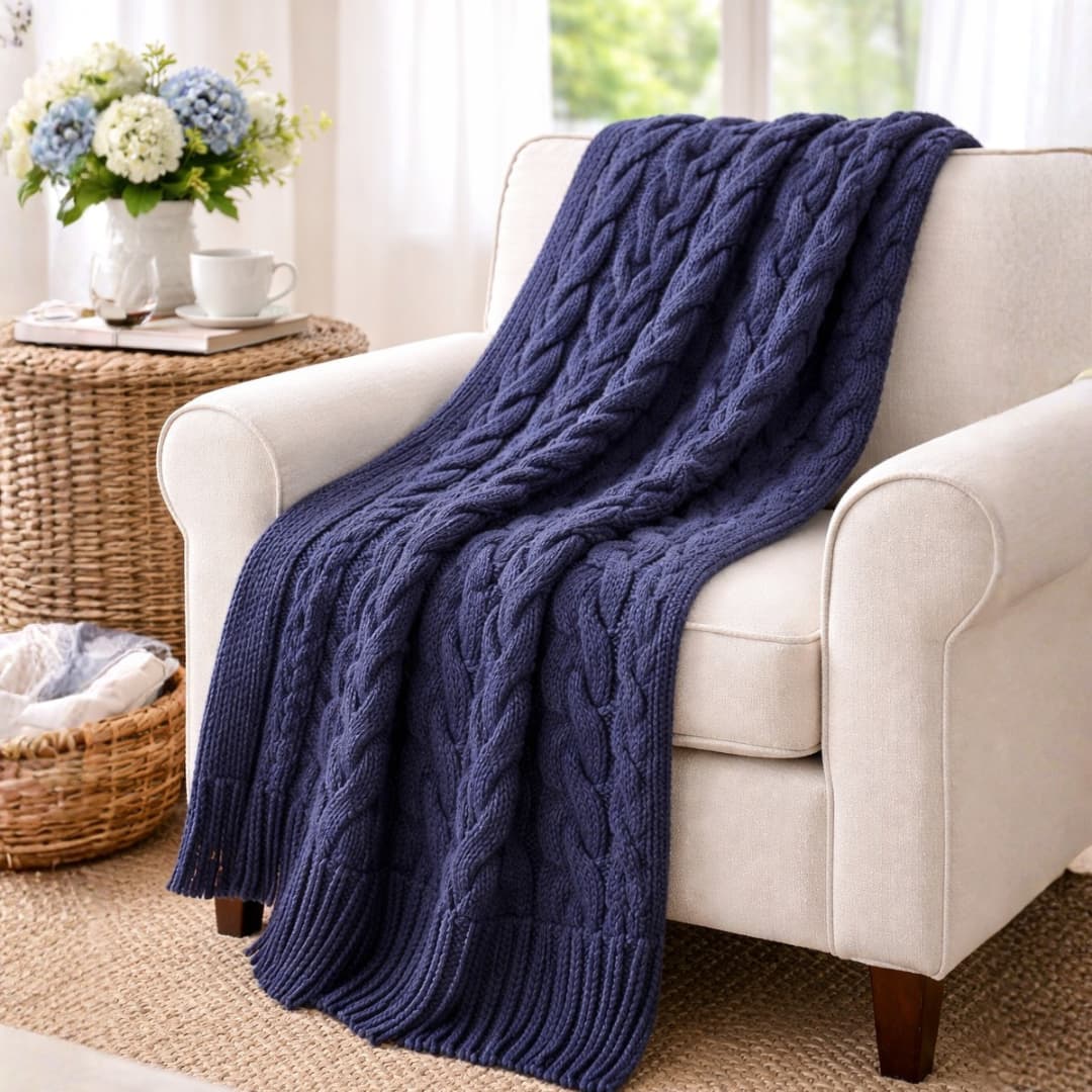 Cozy Cotton Cable Knit Throw by Darzzi (Ivory and Navy)