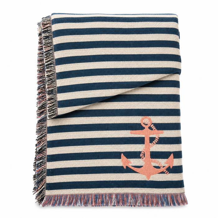 Navy Striped Cotton Blended Woven Throw with Embroidered Anchor - FINAL SALE