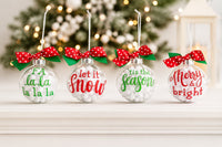 Glass Message Ornaments with White Pom Poms, Set of 4